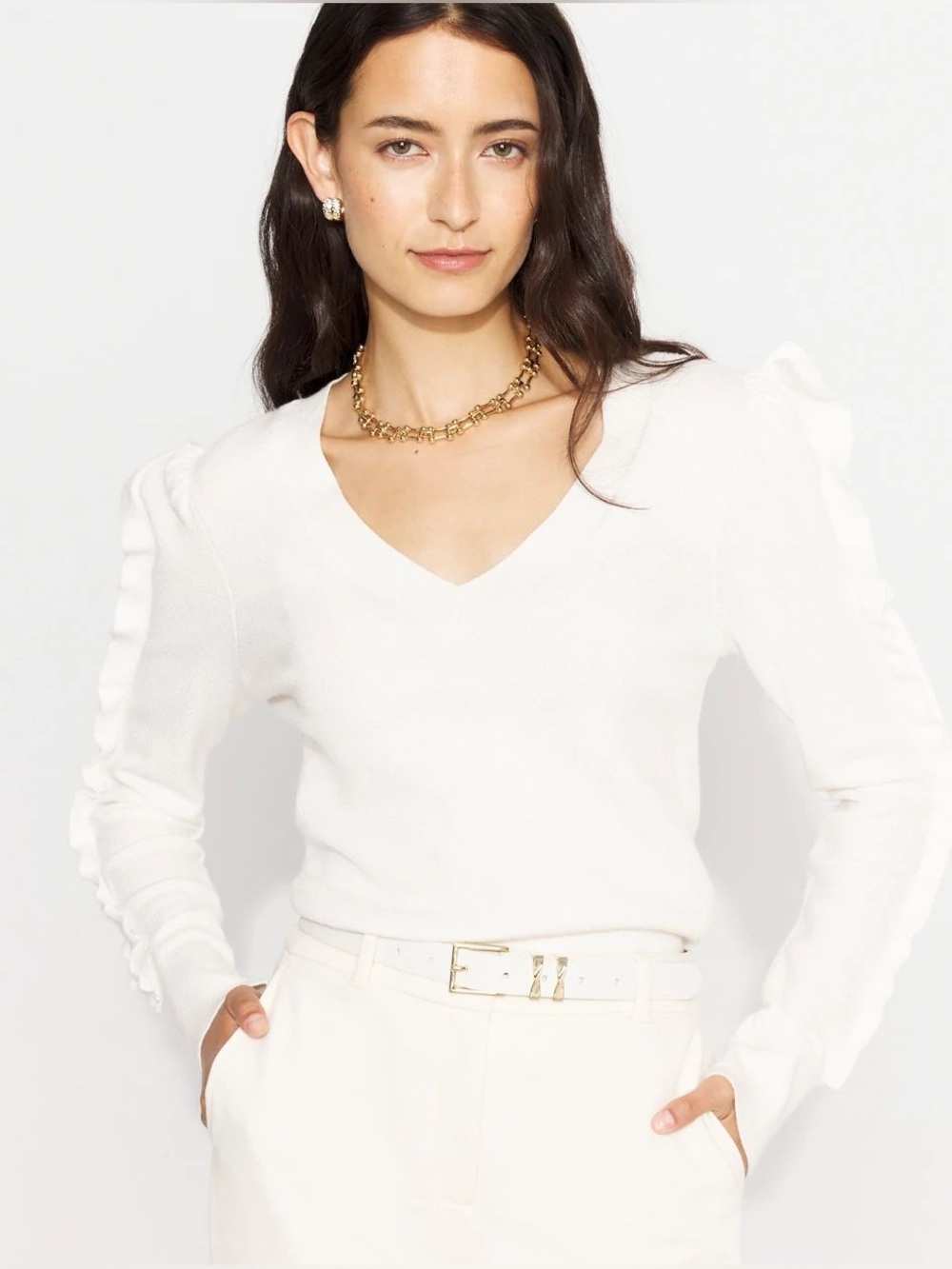 White House Black Market Chic Large Ivory Ruffle Sweater V Neck Textured Knit